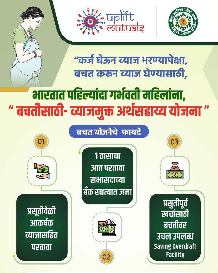 A partner pamphlet in Marathi explaining an interest-free maternity savings scheme, listing its benefits.